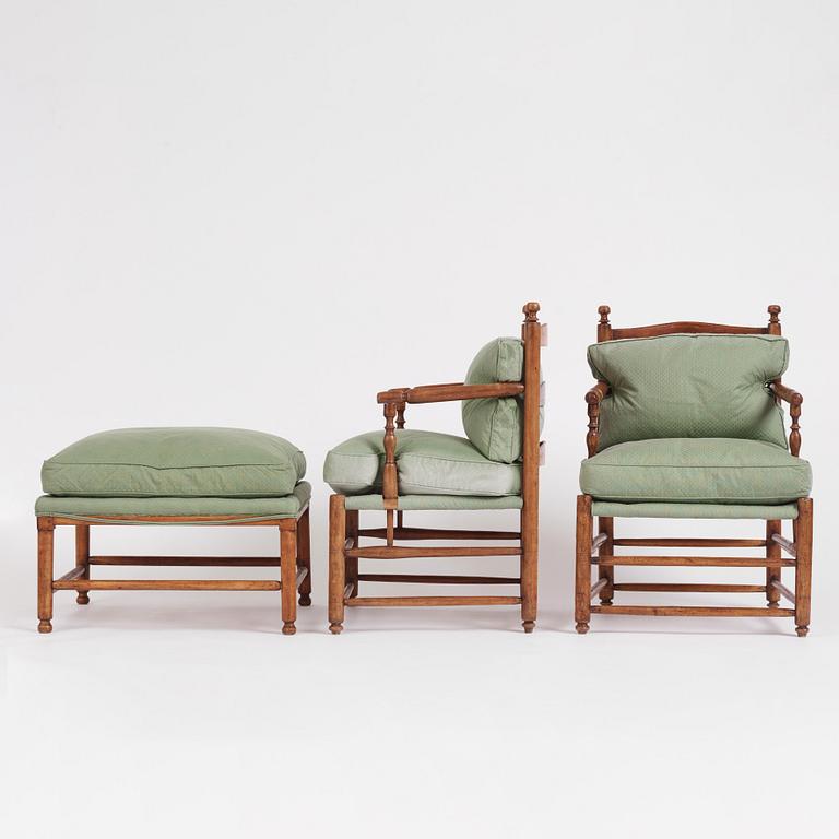 A pair of Gustavian 'Gripsholm' armchairs and an ottoman by J. Hammarström (master 1794-1812).