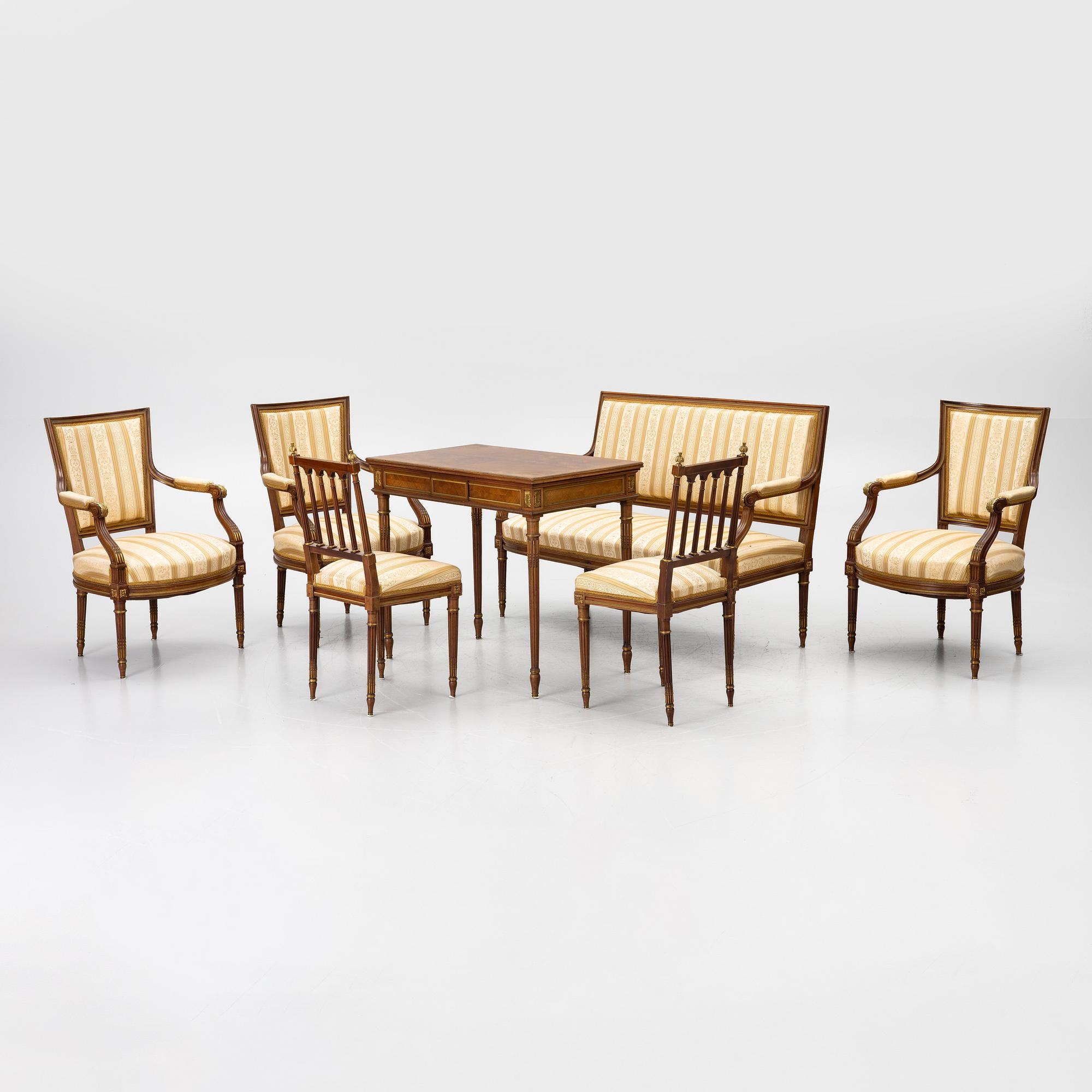 A seven-piece seating group, Louis XVI style, early 20th Century.