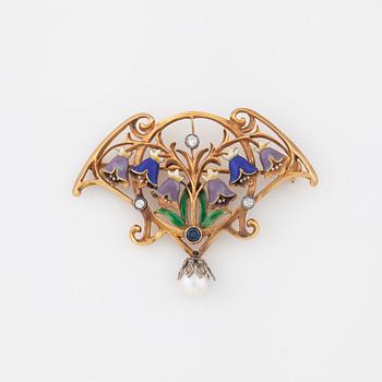 A enamel, pearl, sapphire and single cut diamond brooch.