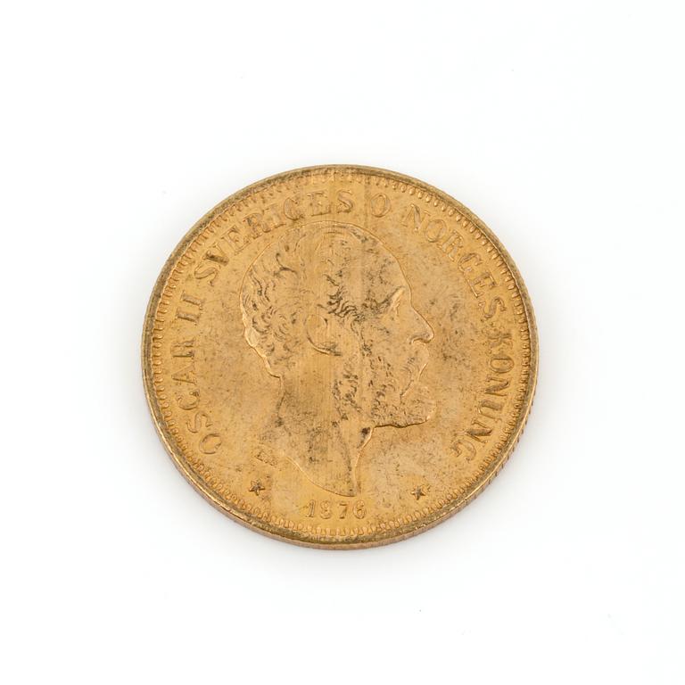 GULDMYNT, 20 kronor, Oscar II, 1876. Vikt ca 8 g.
