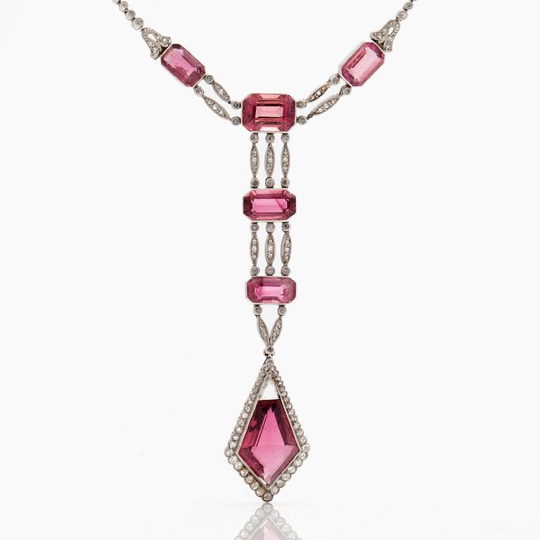 A mixed cut pink tourmaline and rose cut diamond necklace in Belle Epoque style.