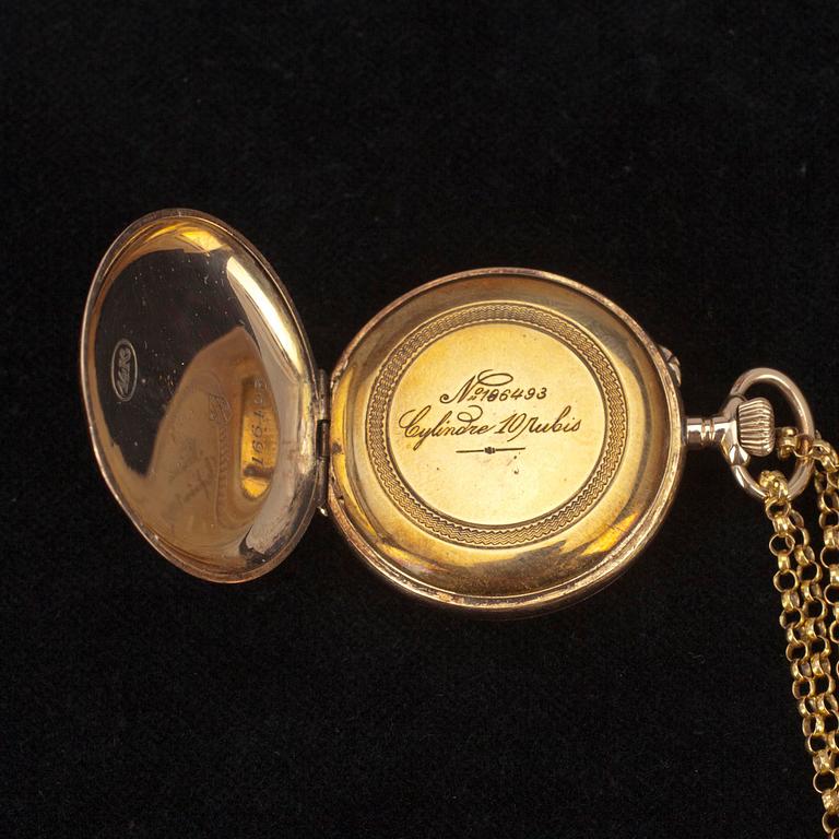 NAISTEN KAULAKELLO, kultaa 14K sekä VITJAT, kultaa 18K,  1900-luvun alkupuoli. Ketjun paino 13,2 g.