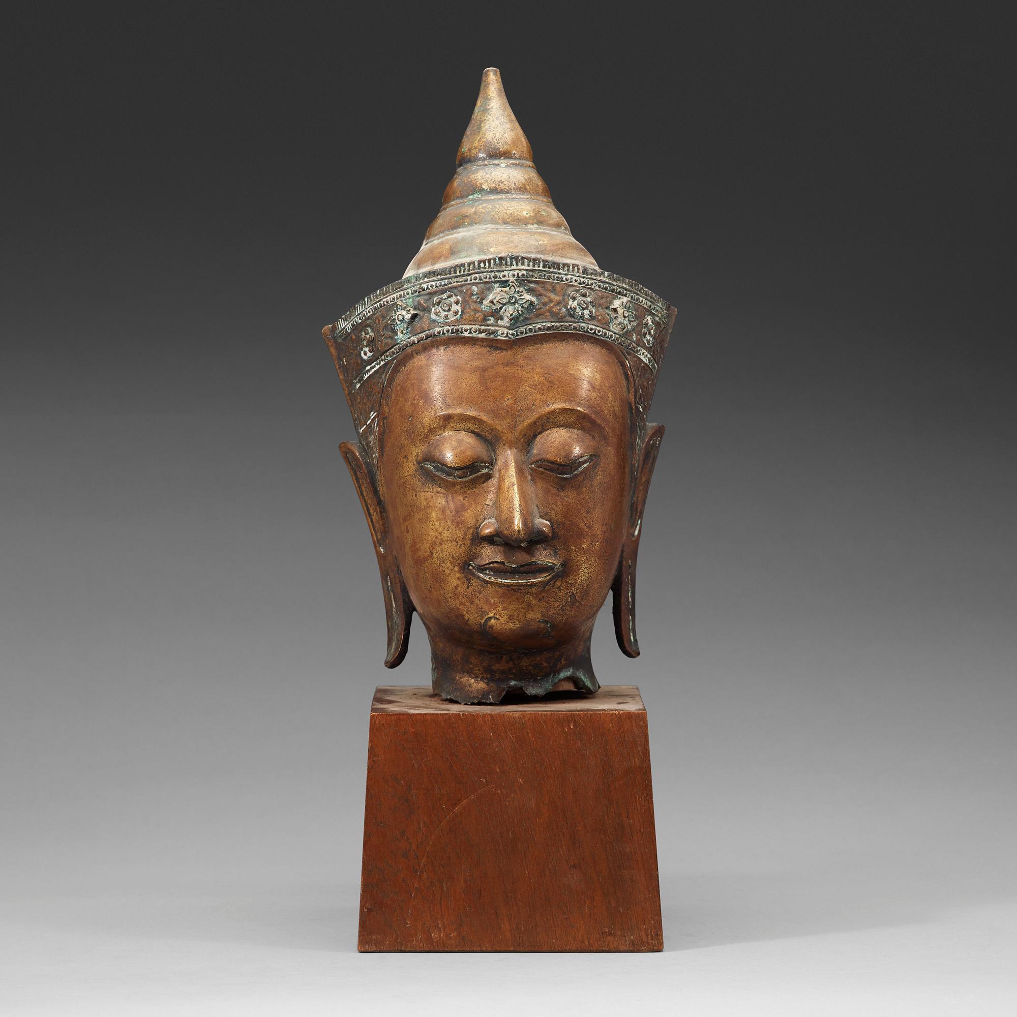 SKULPTURHUVUD, koppar legering. Thailand, Troligen 1700-tal, Ayutthuya.