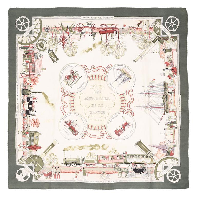 Hermès, two silk scarves,  'Cuivreries' and 'Les Merveilles de la Vapeur'.