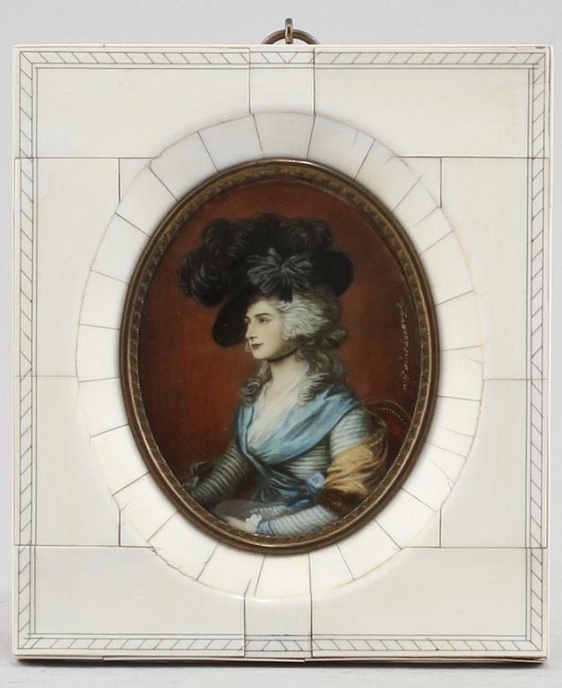 MINIATYR, bemålat tryck, efter Thomas Gainsborough, 1900-talets början.