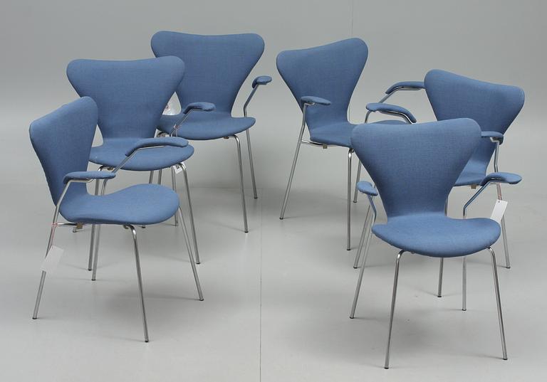 STOLAR, 6 st, "Sjuan", design Arne Jacobsen, Fritz Hansen, Danmark, 1970-71.