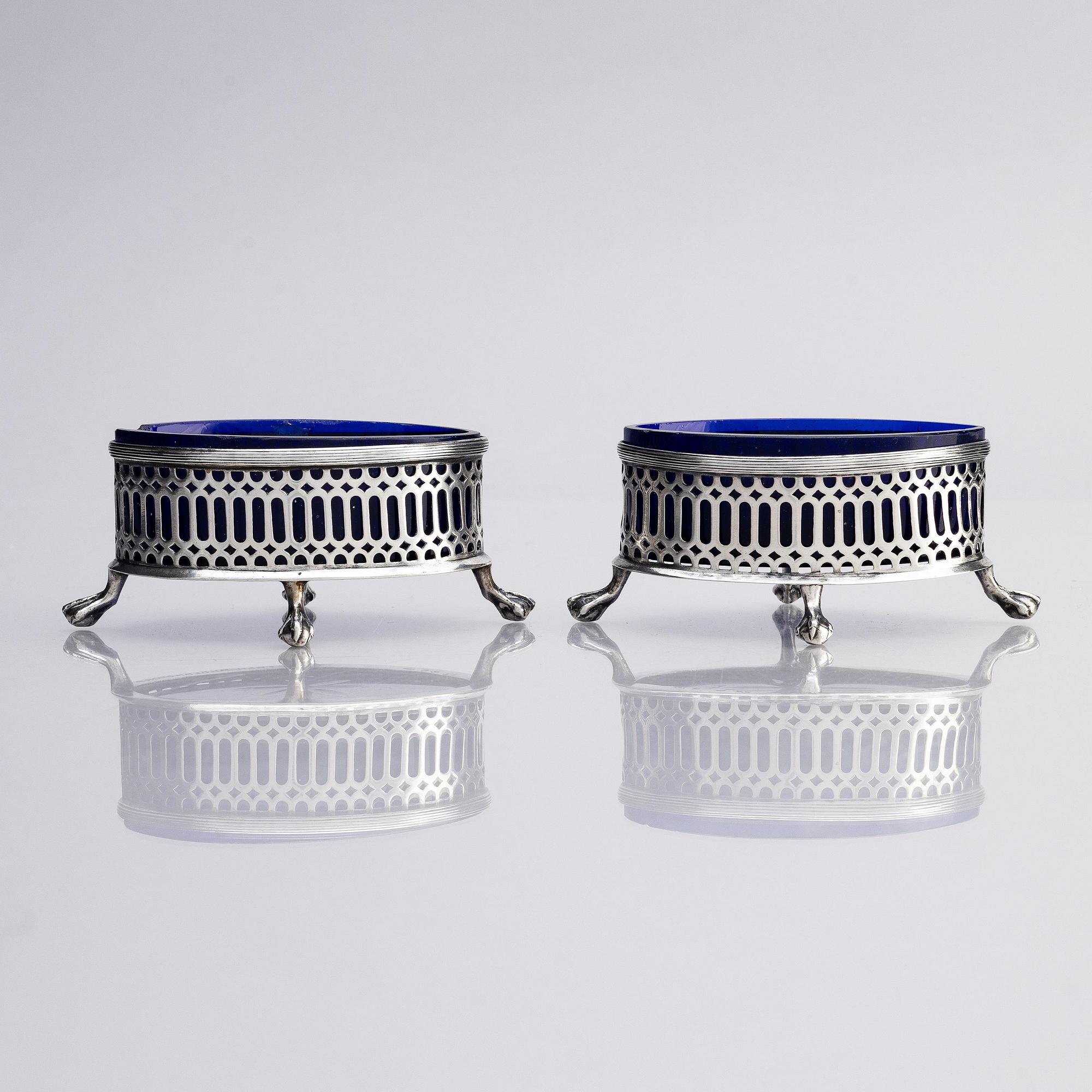 A Swedish pair of 18th century silver and blue glass salt cellars, mark of Pehr Zethelius, Stockholm 1797.