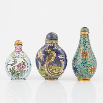 Ten snuff bottles, stone, glass and cloisonné, China, 20th century.