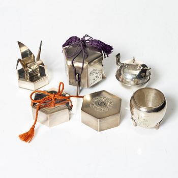 A group of six Japanese salts / boxes, some marked sterling silver, around 1900.