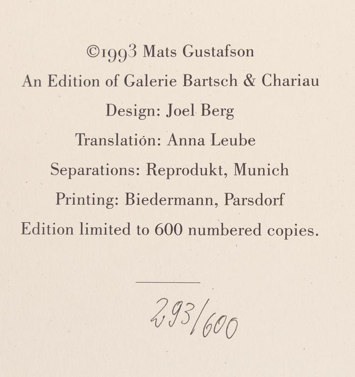 Mats Gustafson, "Watercolours", häfte utgivet av Galerie Bartsch & Chariau, München, 1993. Numrerad 293/600.