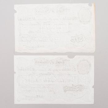 Two 1940s English bank notes, Operation Bernhard German forgeries.