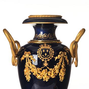 A large French ormoulu mounted 'Sèvres' porcelain jar with cover, circa 1900.