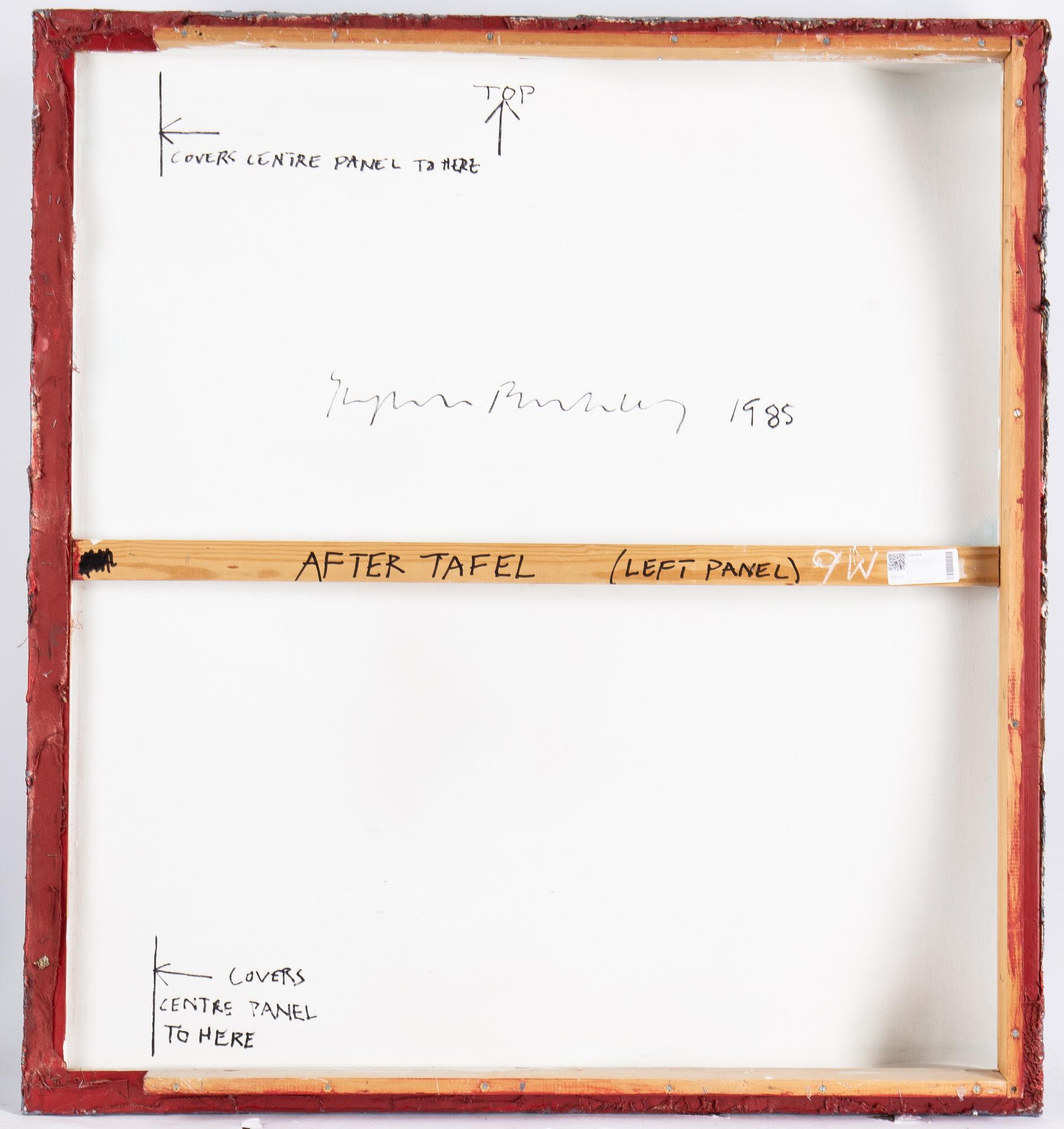 Stephen Buckley, triptyk, mixed media on canvas, signed and dated 1985 verso.