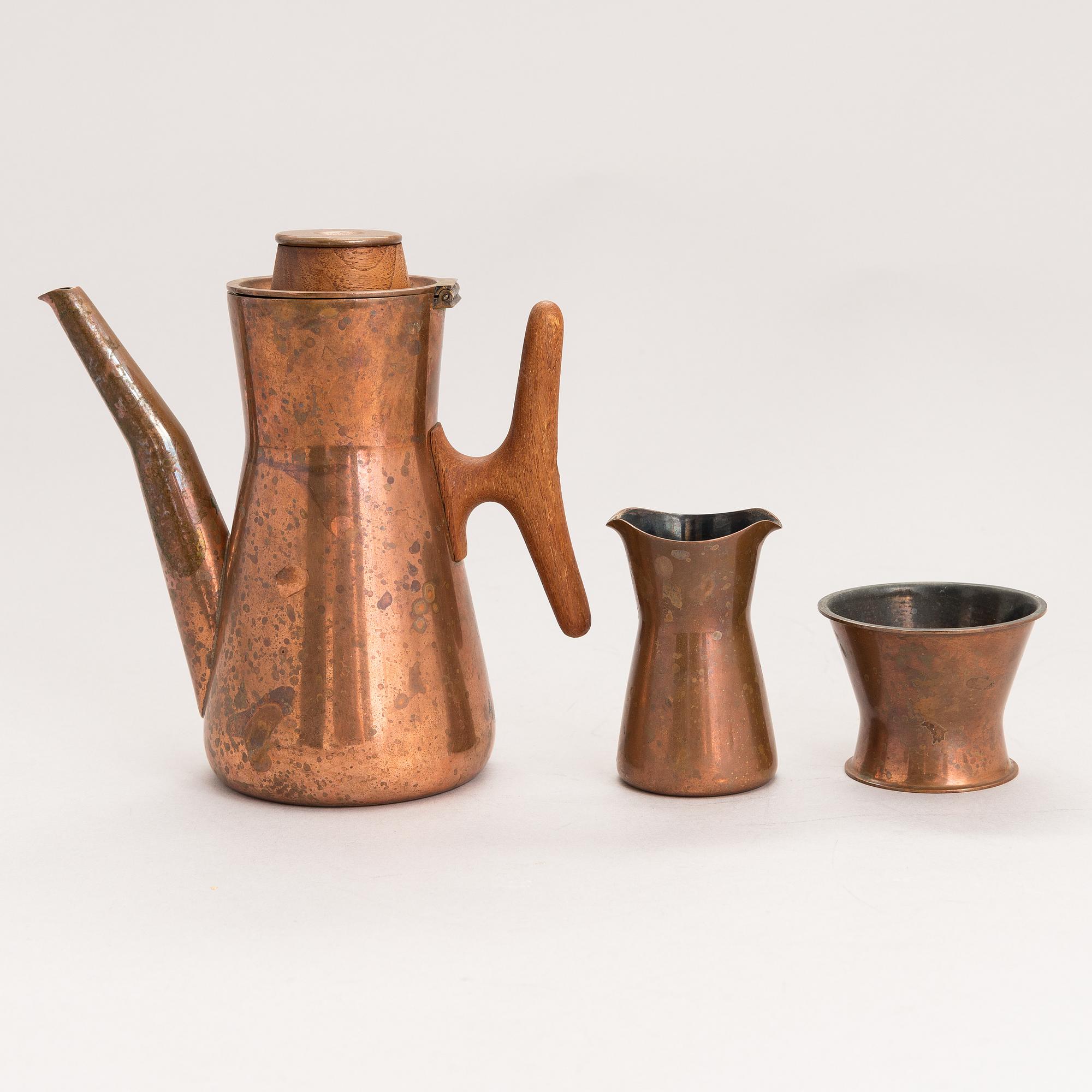 TAPIO WIRKKALA, KAFFESERVIS, 4 delar, koppar och teak, TW 163/164, Kultakeskus, 1960-70-tal. Formgiven 1961.