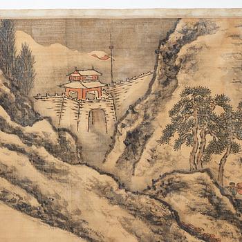 A Chinese hanging scroll, ink and color in silk, signed Shen Zhou (1427-1509), after, 20th century.