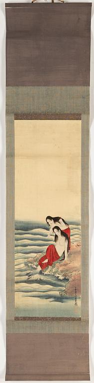 A group of three Japanese hanging scrolls, ink and colour on silk, 20th century.