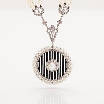 An 18K white gold necklace with cultured pearls, enamel and brilliant-cut diamonds. England.