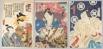 Three coloured woodblock prints by Toyohara Kunichika, Kunisada, Toyokuni III, Japan, 19th century.