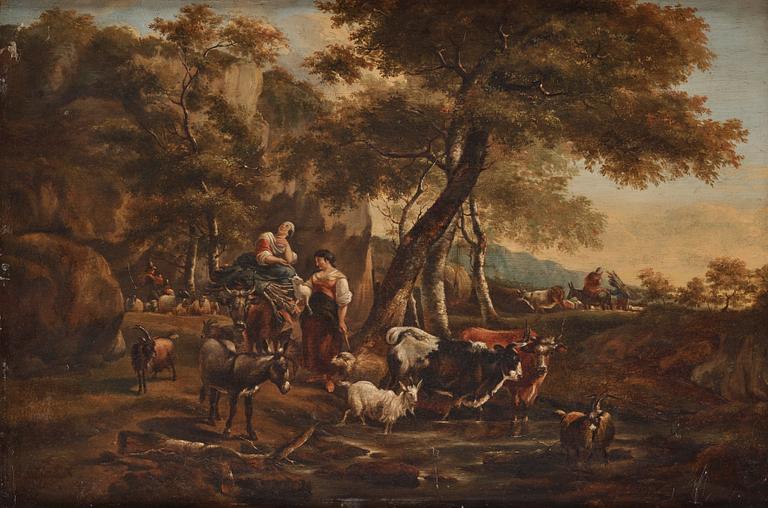 Nicolaes Berchem Attributed to, Pastoral Landscape with Shepherds and Shepherdesses.