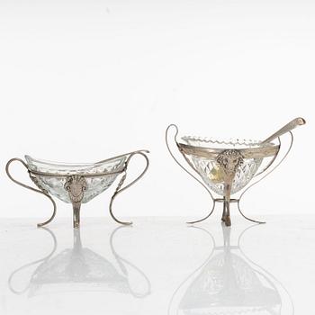 Two similar silver and glass salt cellars, probably France. 19th Century.
