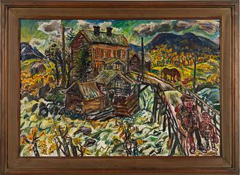 Olle Nordberg, Höstlandskap med figurer, häst och byggander.