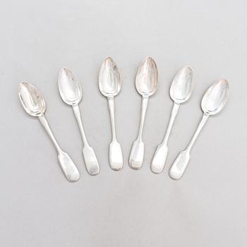 Six Imperial Russian silver dessert spoons from around the turn of the 20th century. Three marked Morozov.