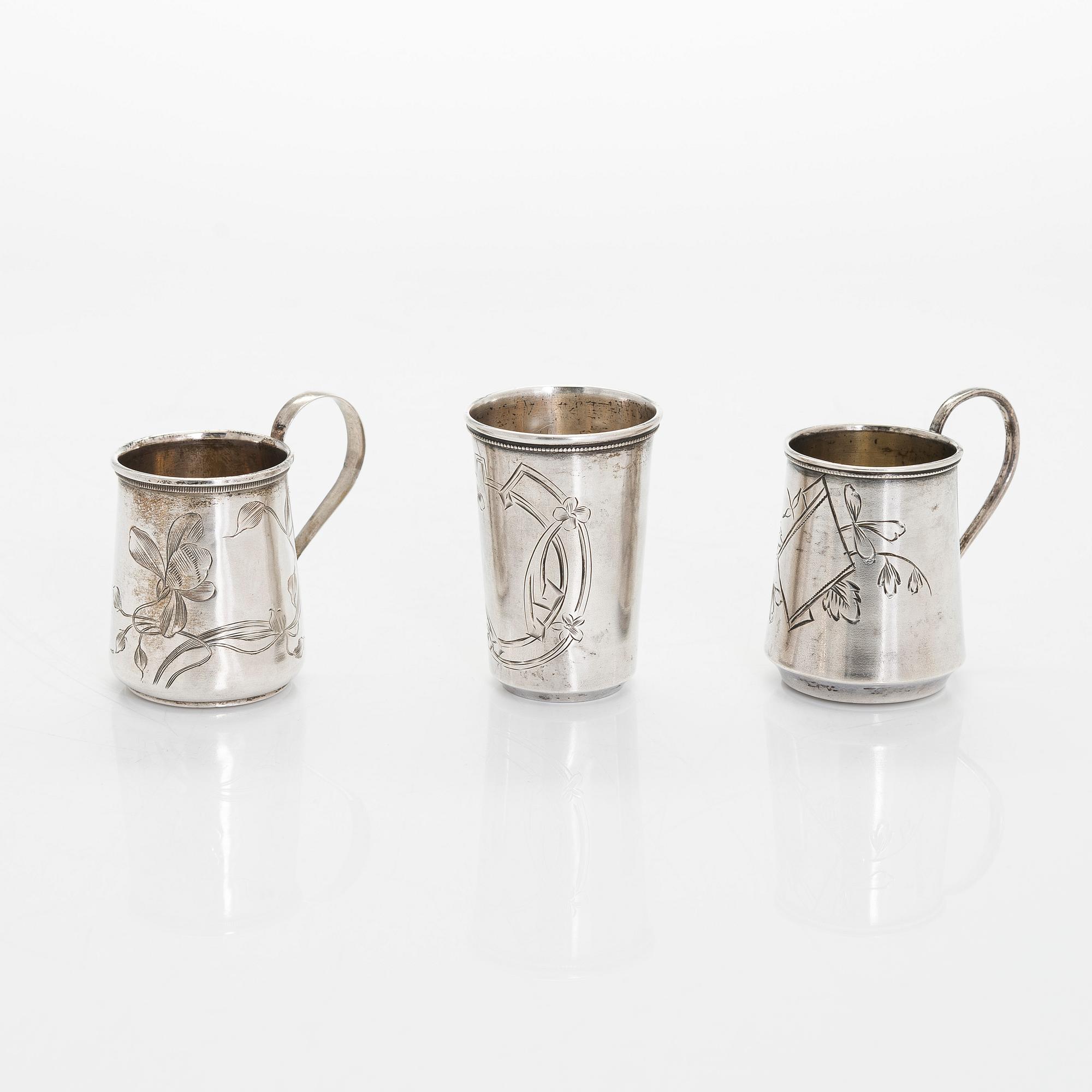 Sockerskål och bägare, 3 st, silver, Moskva tidigt 1900-tal.