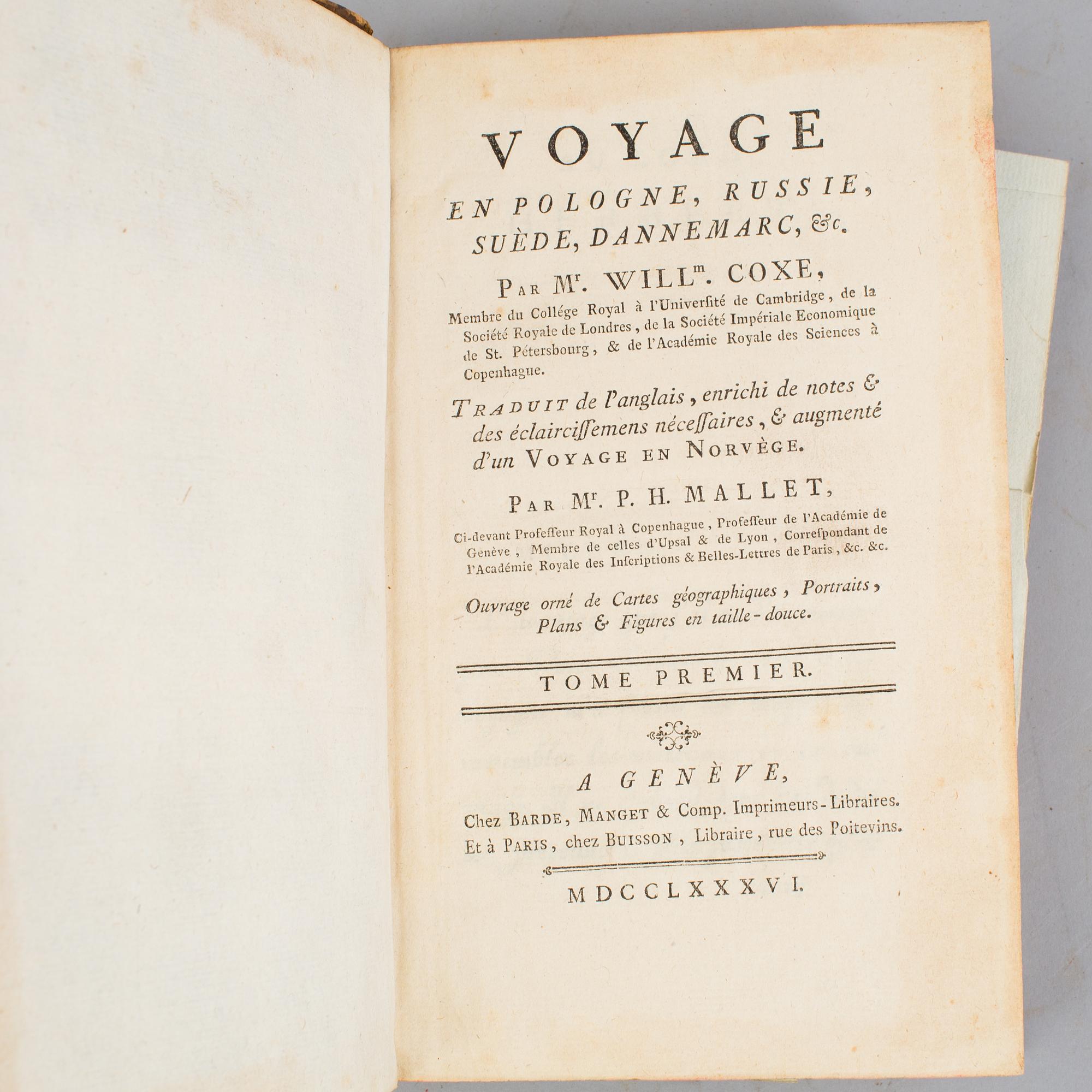 A set of 4 book, William Coxe: Voyage en Pologne, Russie, Suède, Dannemarc,  1-4 vol.   Buisson, Genève, Buisson, 1786.