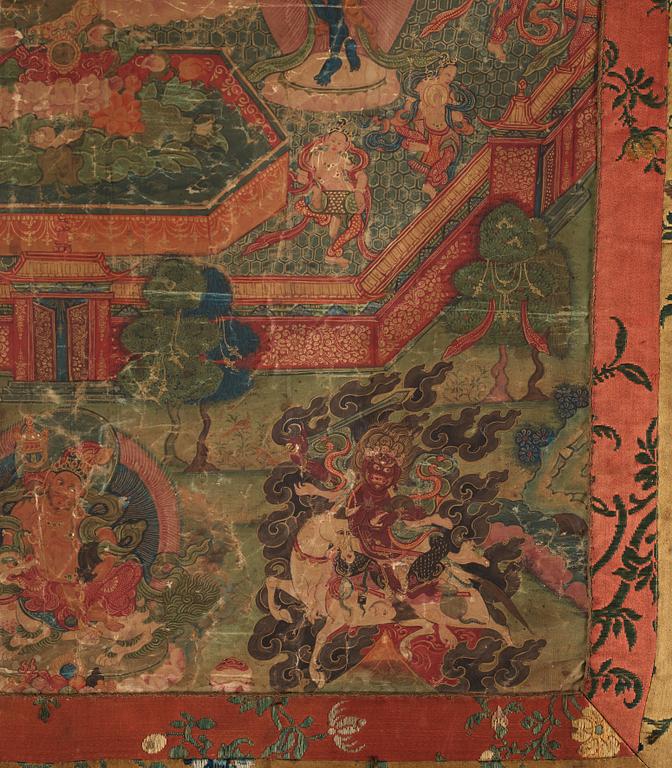 Thangka, grön Tara, tusch och färg på duk. Tibet, 1800-tal.