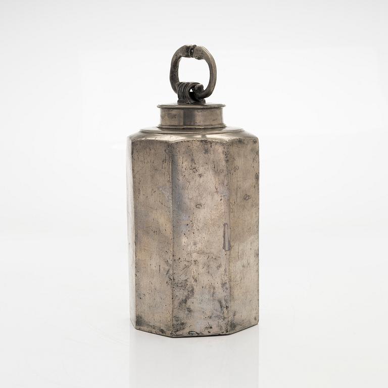A pewter bottle, maker's mark of Daniel Rising, Turku, Finland, late 18th Century.