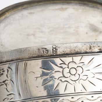Five silver boxes, 19th century.
