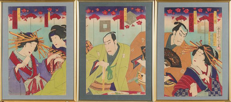 Toyohara Kunichika, triptych, woodcut, Japan.
