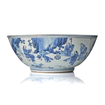 1154. A large blue and white 'figural' bowl, Ming dynasty, Chongzhen (1627–1644).