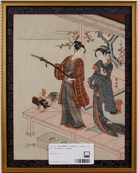 HARUNOBU, SUZUKI, hans efterföljare, 2 st, träsnitt, Japan, 1800/1900-tal.