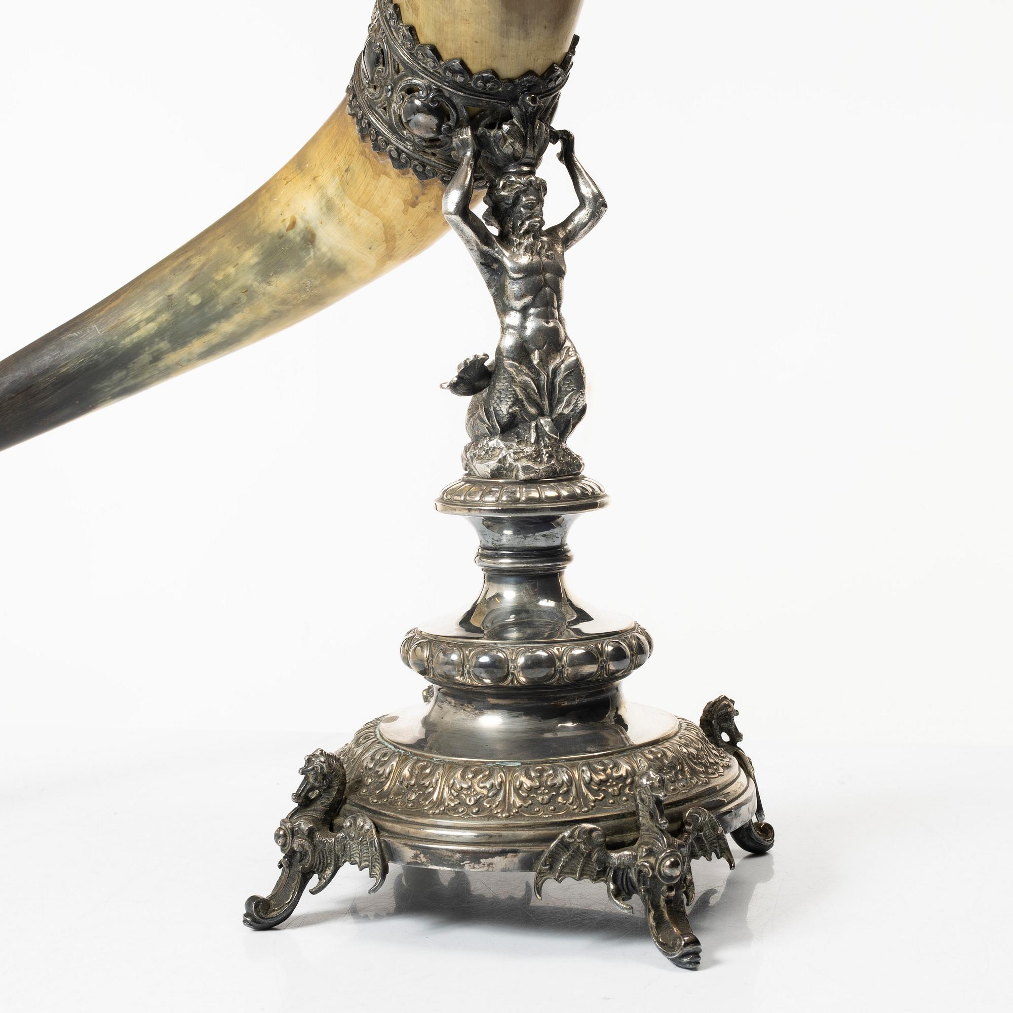 Drinking horn, silver plate, GAB, Stockholm early 20th century.