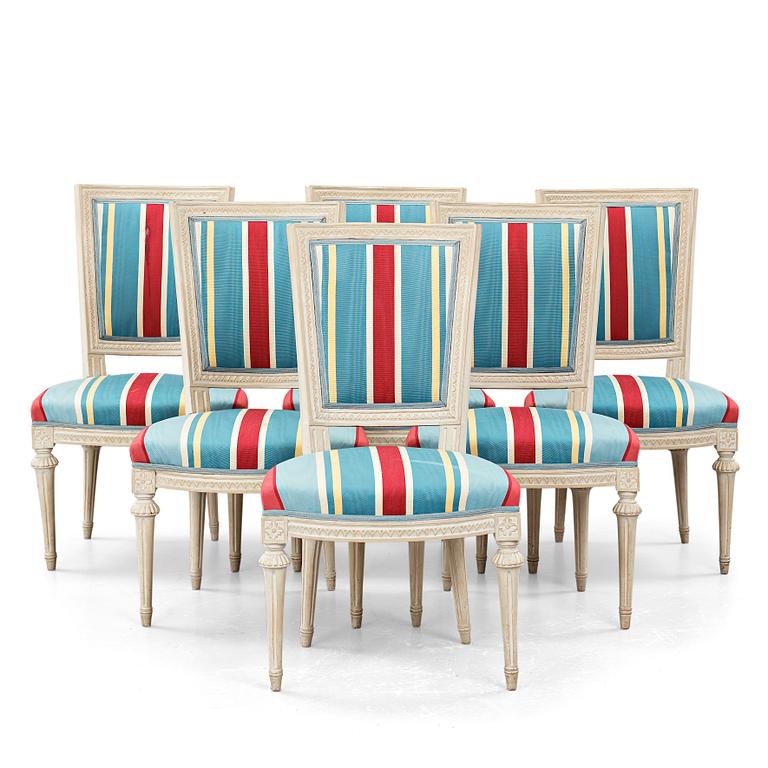 Six Gustavian late 18th century chairs by Joseph Ruste (master in Stockholm 1772-1792).