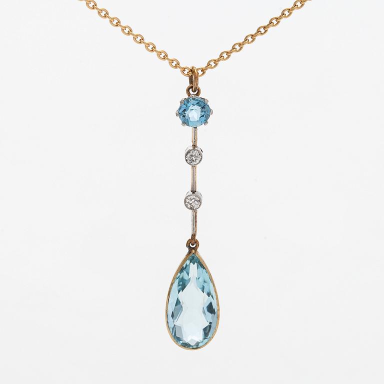 Halssmycke, droppslipad akvamarin,  gammalslipade diamanter, 14K guld.