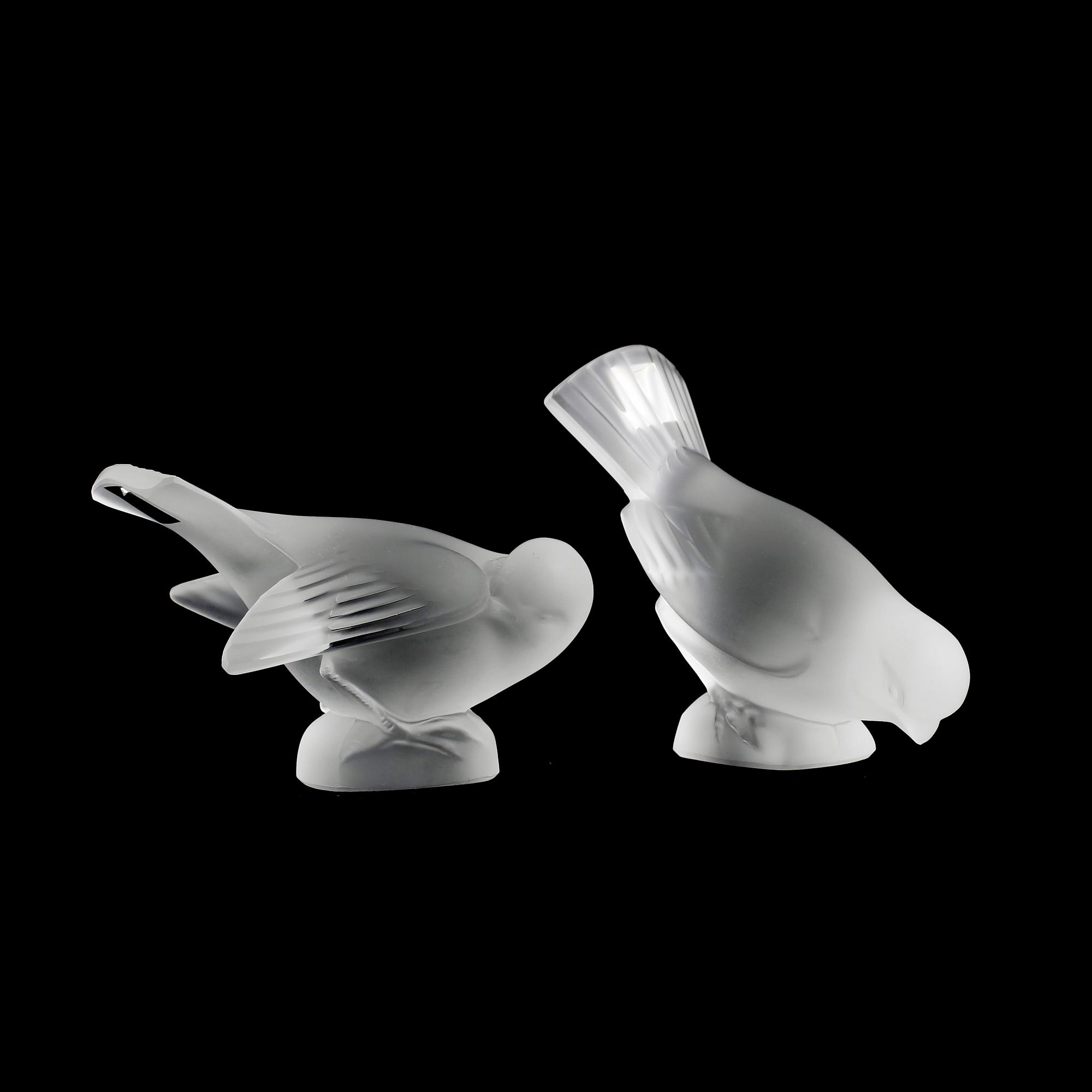 FÅGLAR, 2 st, glas, Lalique, signerade, Frankrike, 1900-talets mitt.