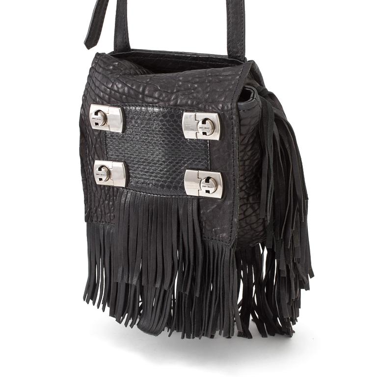 A black leather crossbody bag by Jimmy Choo.