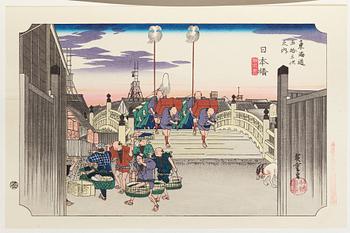 ANDO HIROSHIGE, senare avdrag, mapp, "The fifty-three stations on the tokaido", utgiven av Kata Hanga Kenkyujo.