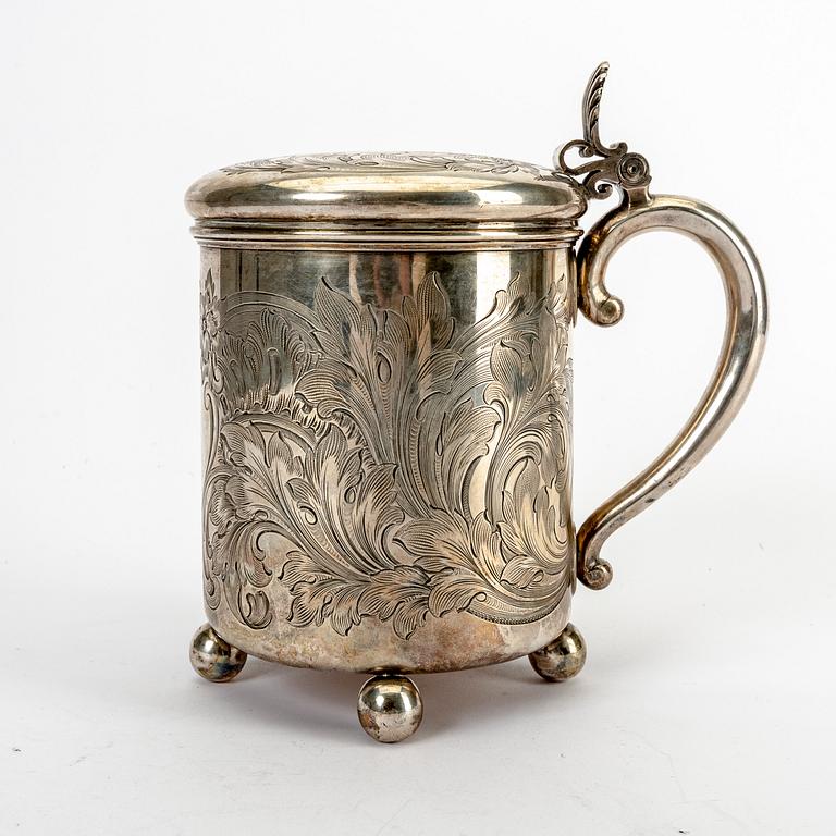 A Russian late 19th century silver tankard unidentified marks St Petersburg weight 1160 grams.