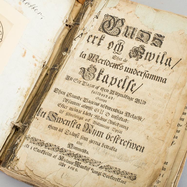 BOKPARTI, 3 volymer, bla Guds Werk och Hwila, av Haquin Spegel, Stockholm 1685.