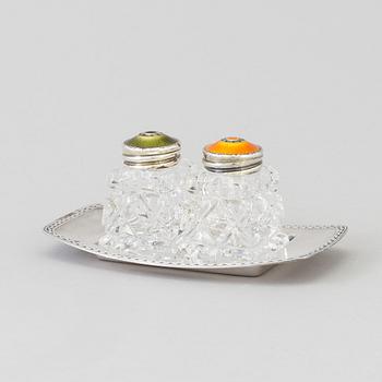 Salt & pepper shakers, glass, sterling silver and enamel. David Andersen, Norway, 20th century.