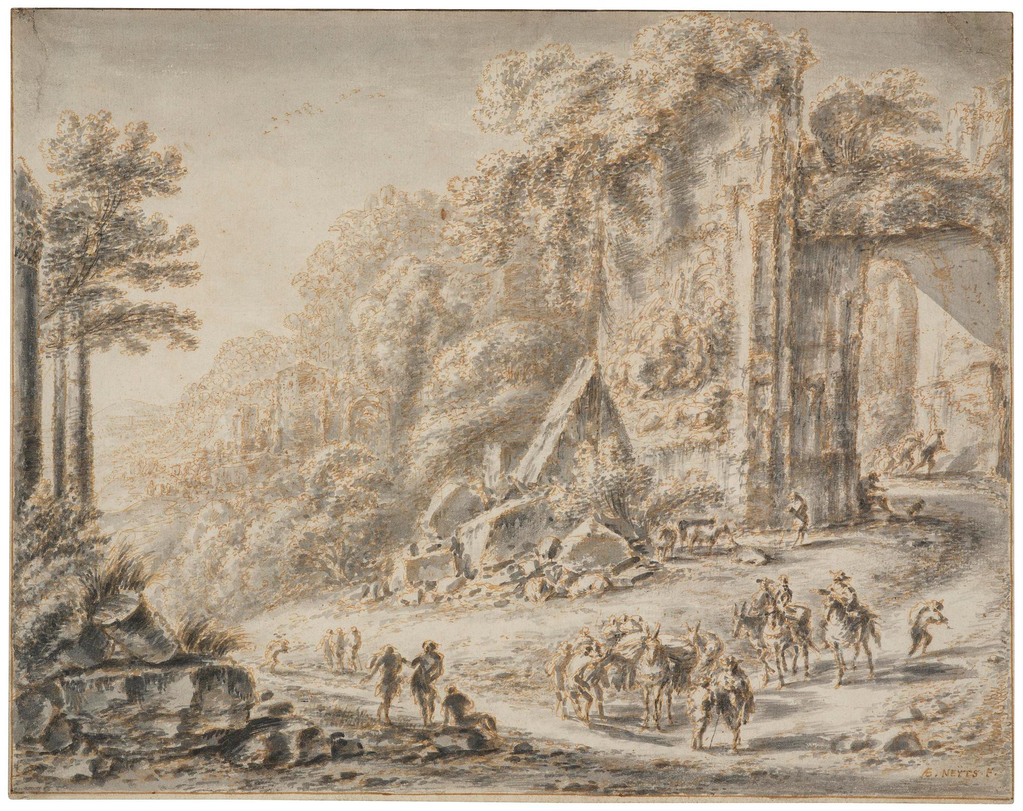 Gillis (Aegidius) Neyts, Ruined landscape with a travelling party.