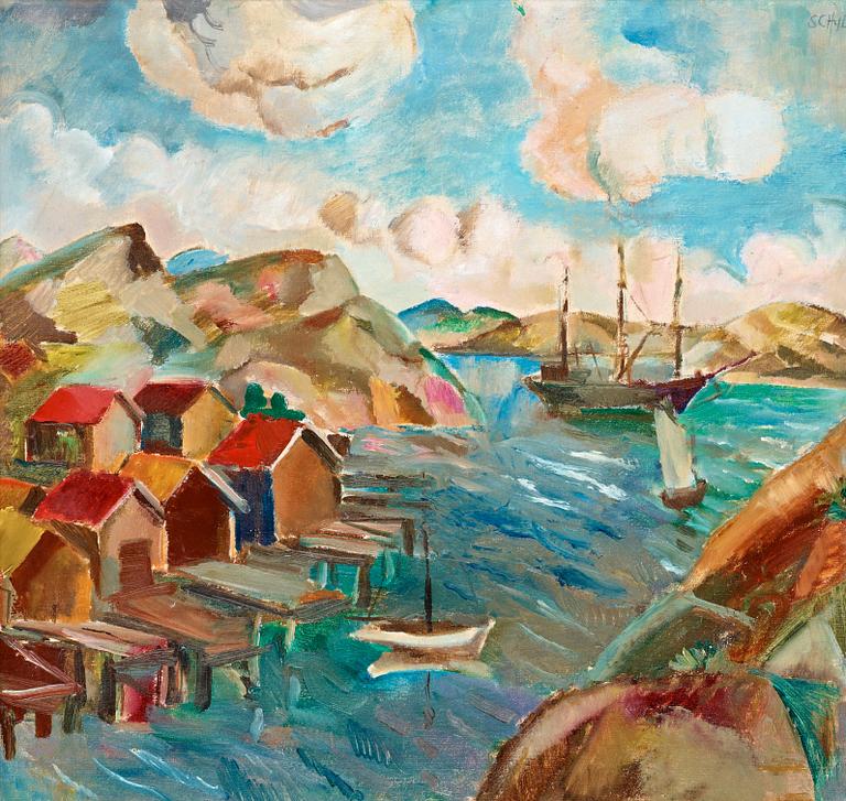 Jules Schyl, "Båtar och sjöbodar" (Boats and boathouses).