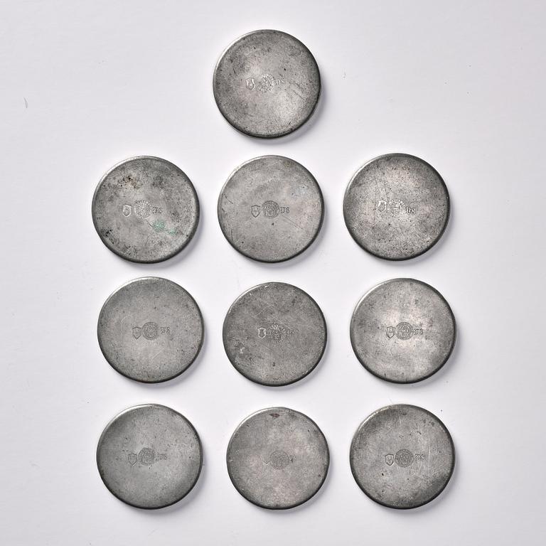 Firma Svenskt Tenn, a set of 10 pewter glass coasters, Svenskt Tenn Sweden 1934 ( 2) and 1946. Alva & Gunnar Myrdal Collection.