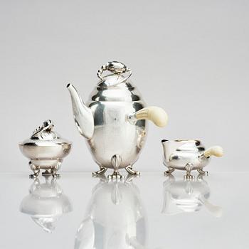 Georg Jensen, a three pieces coffee service in sterling silver, "Magnolia/Blossom", Copenhagen 1933-44.