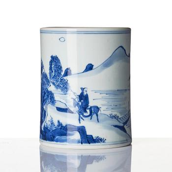 A blue and white 'scholar in a landscape' brushpot, bitong, Qing dynasty, Kangxi (1662-1722).