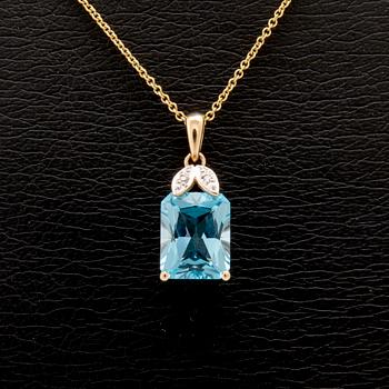 Halsband 14K guld med trappslipad blå topas och runda briljantslipade diamanter.