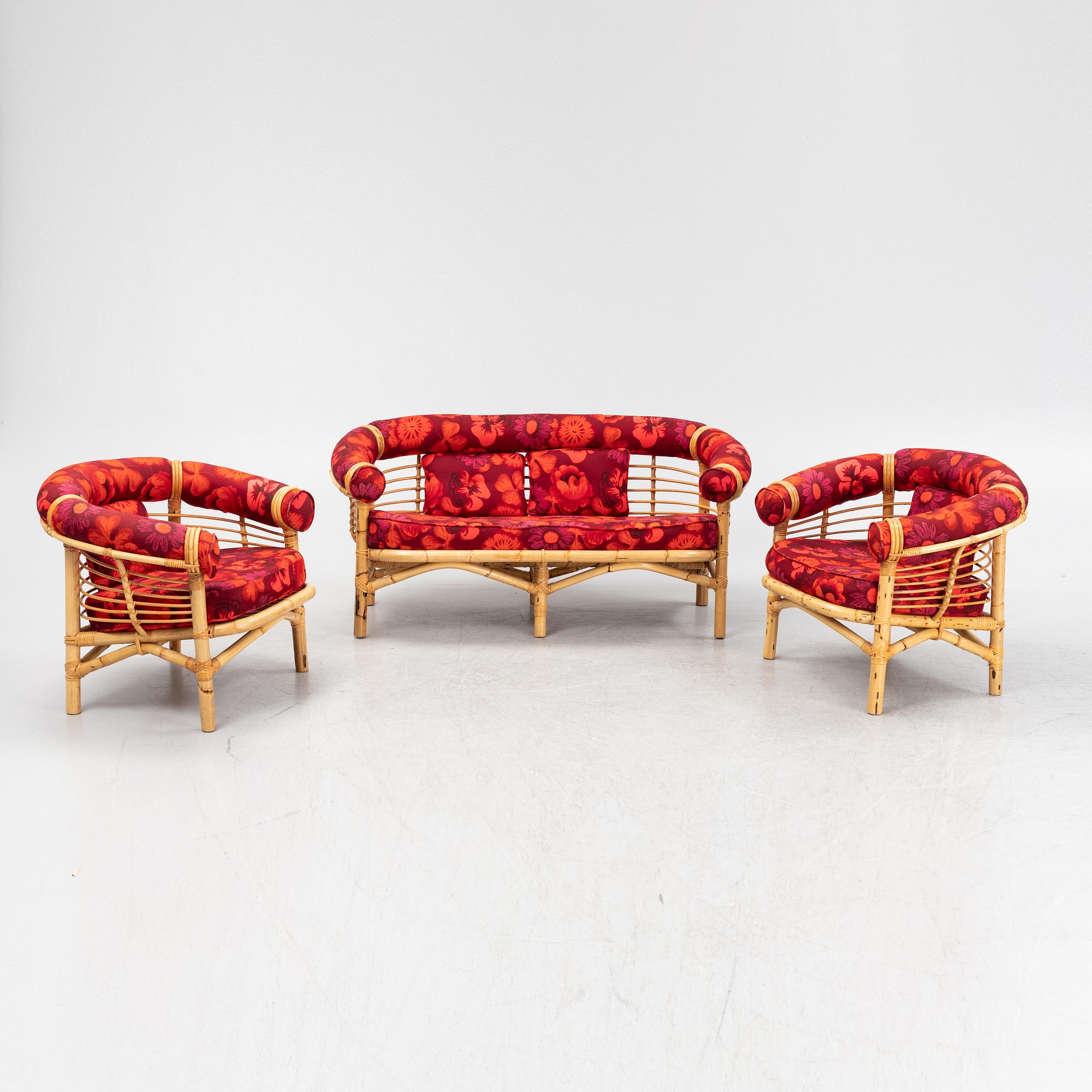 A three-piece bamboo and rattan furniture suite, second half of the 20th Century.